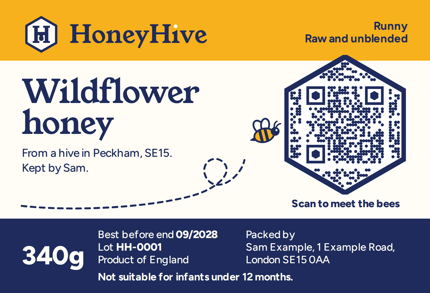 A HoneyHive jar label for wildflower honey from Peckham, with a QR code and the words: scan to meet the bees.